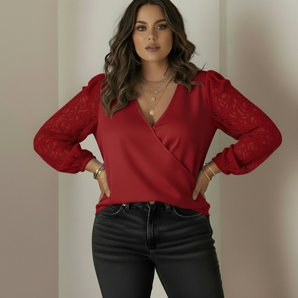 Chemise en dentelle pisse col en V  pour femme grande taille