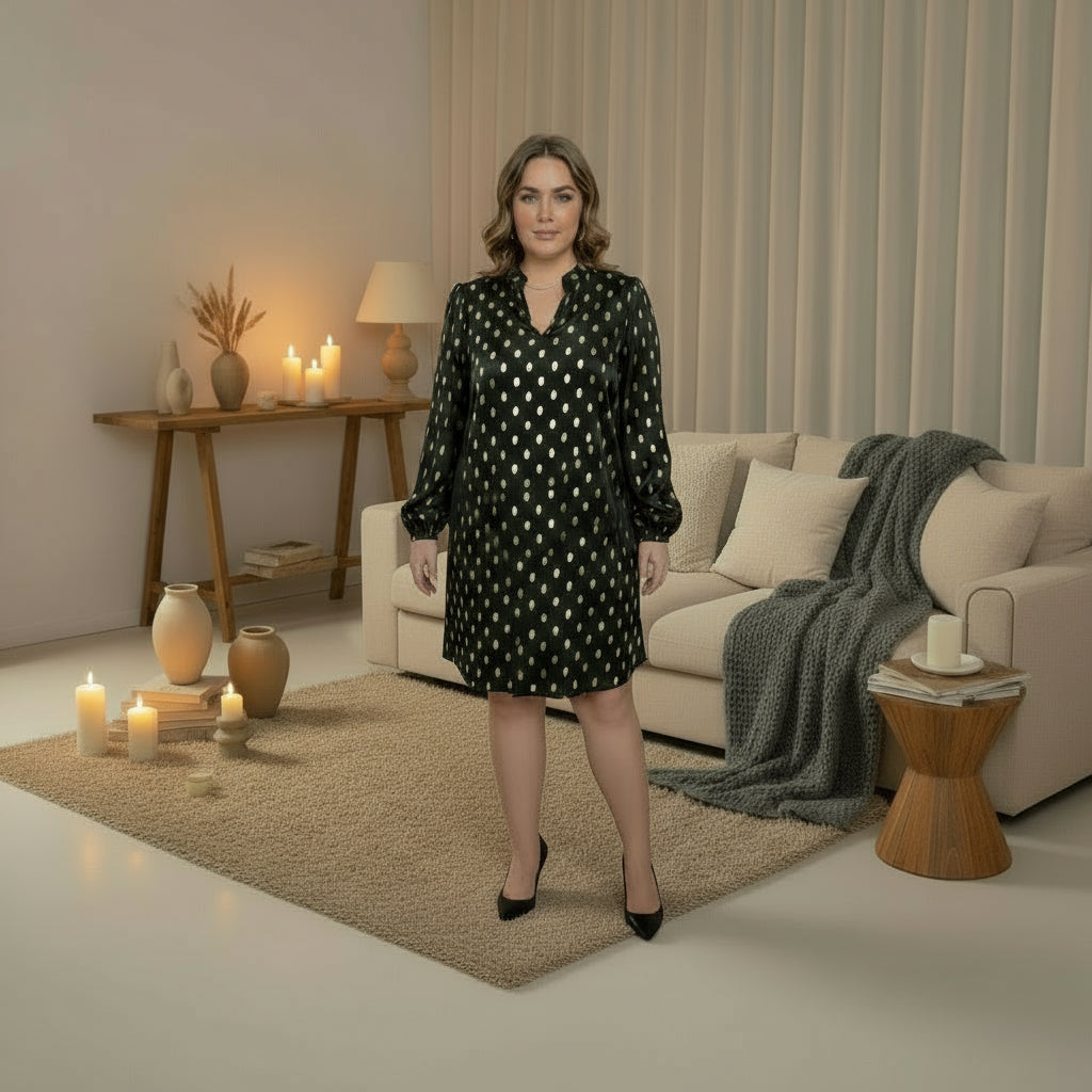 Robe noire à pois dorés manches évasées femme grande taille