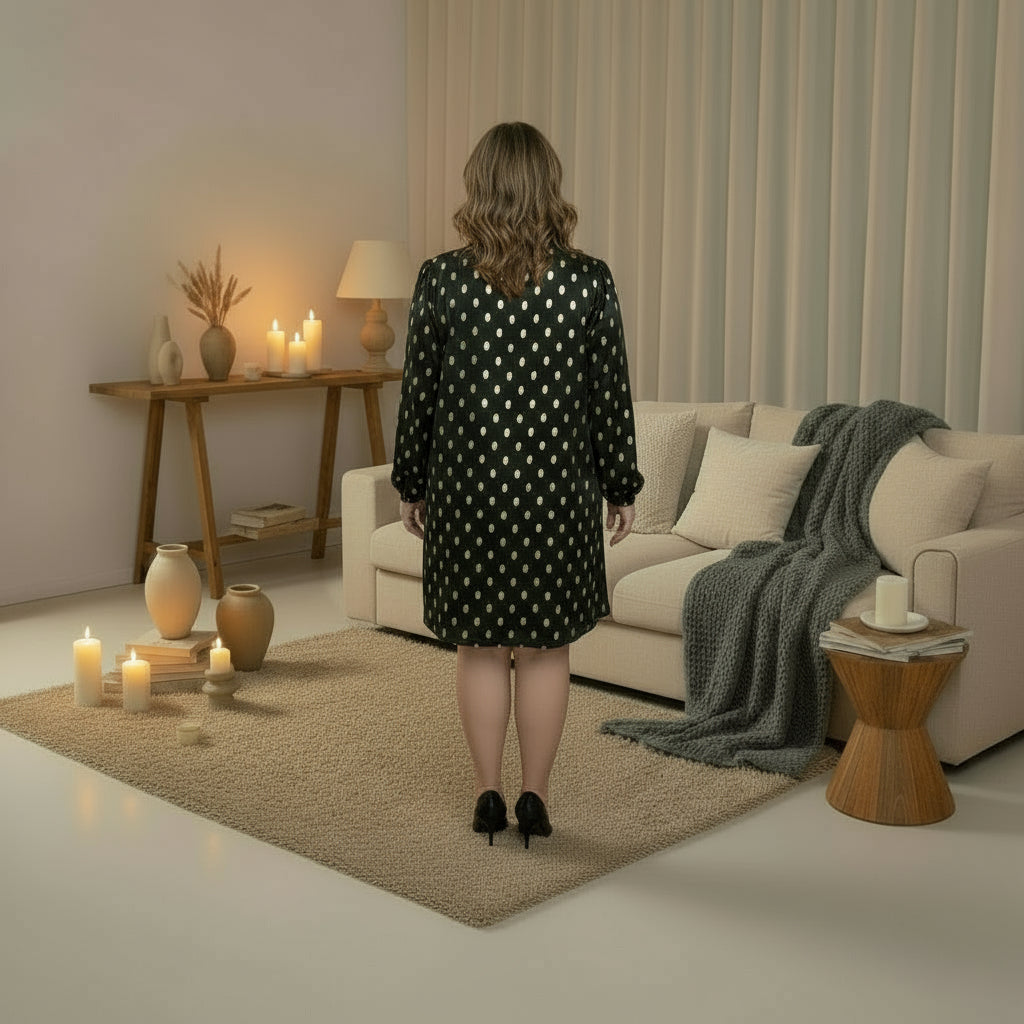 Robe noire à pois dorés manches évasées femme grande taille