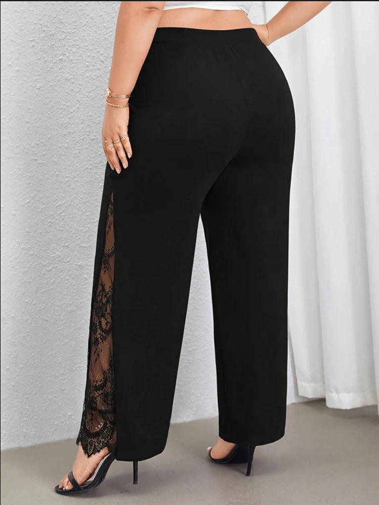 Pantalon femmes grande taille noir élégant  décontracté fendu dentelle patchwork ample taille élastique