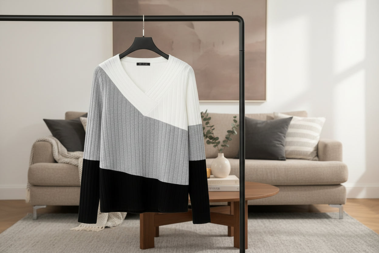 Pull côtelé à col V pour femme grandes tailles