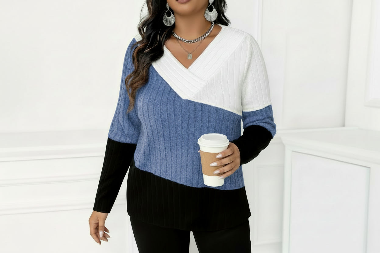 Pull côtelé à col V pour femme grandes tailles