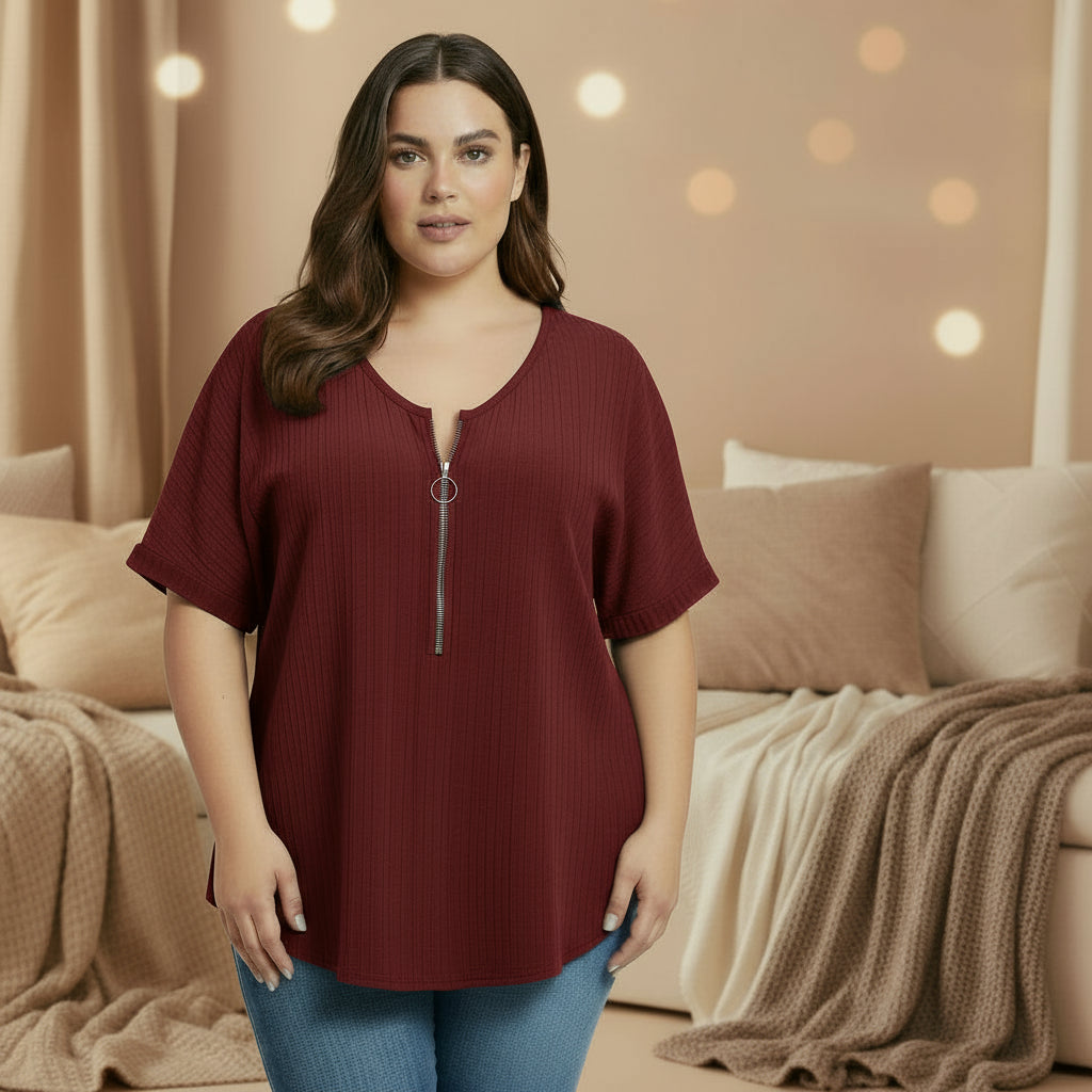 T-shirt zippé col V femme grande taille