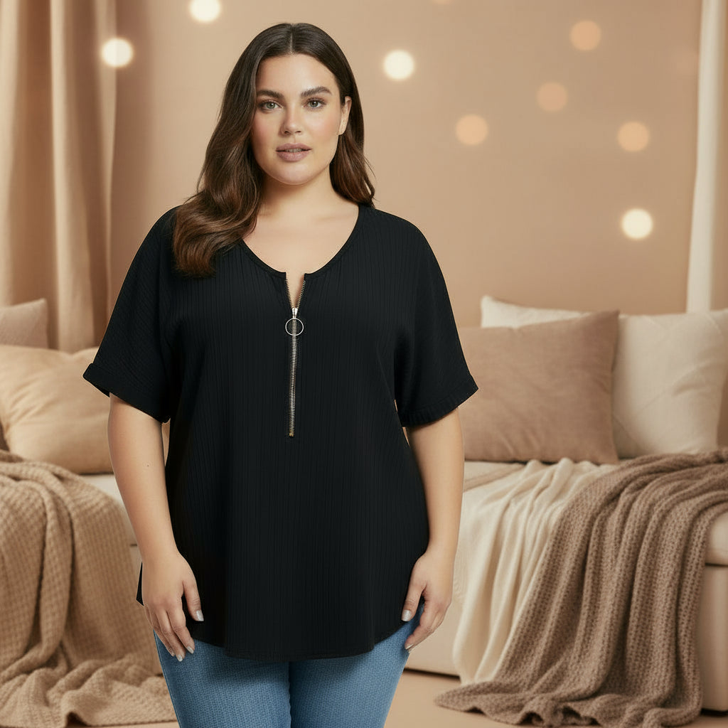 T-shirt zippé col V femme grande taille