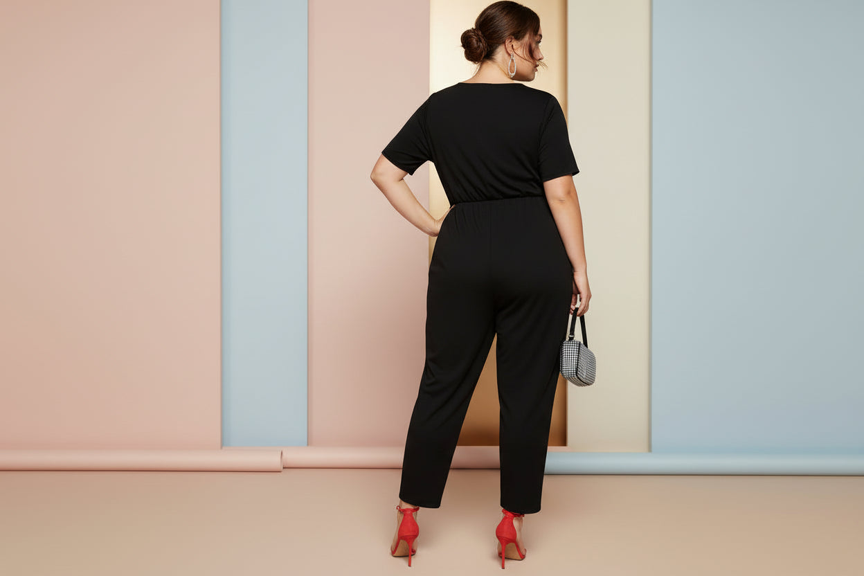 Combinaison élégante noir pour femme grande taille col en V