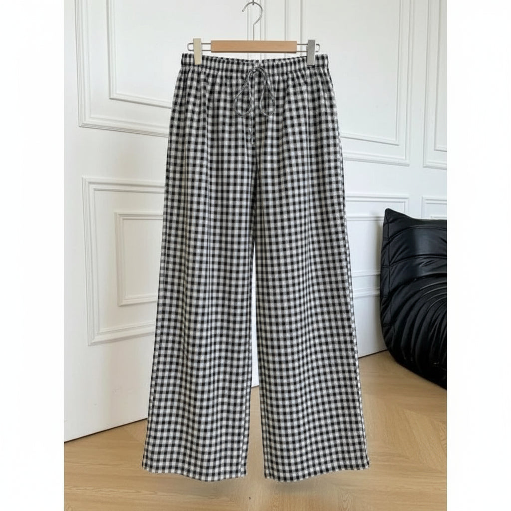 Pantalon droit à carreaux grande taille femme, taille haute