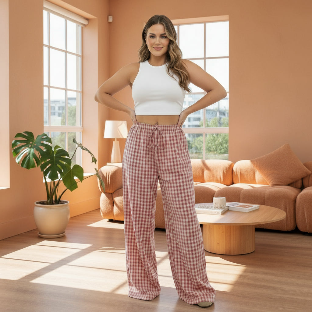 Pantalon droit à carreaux grande taille femme, taille haute