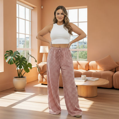 Pantalon droit à carreaux grande taille femme, taille haute