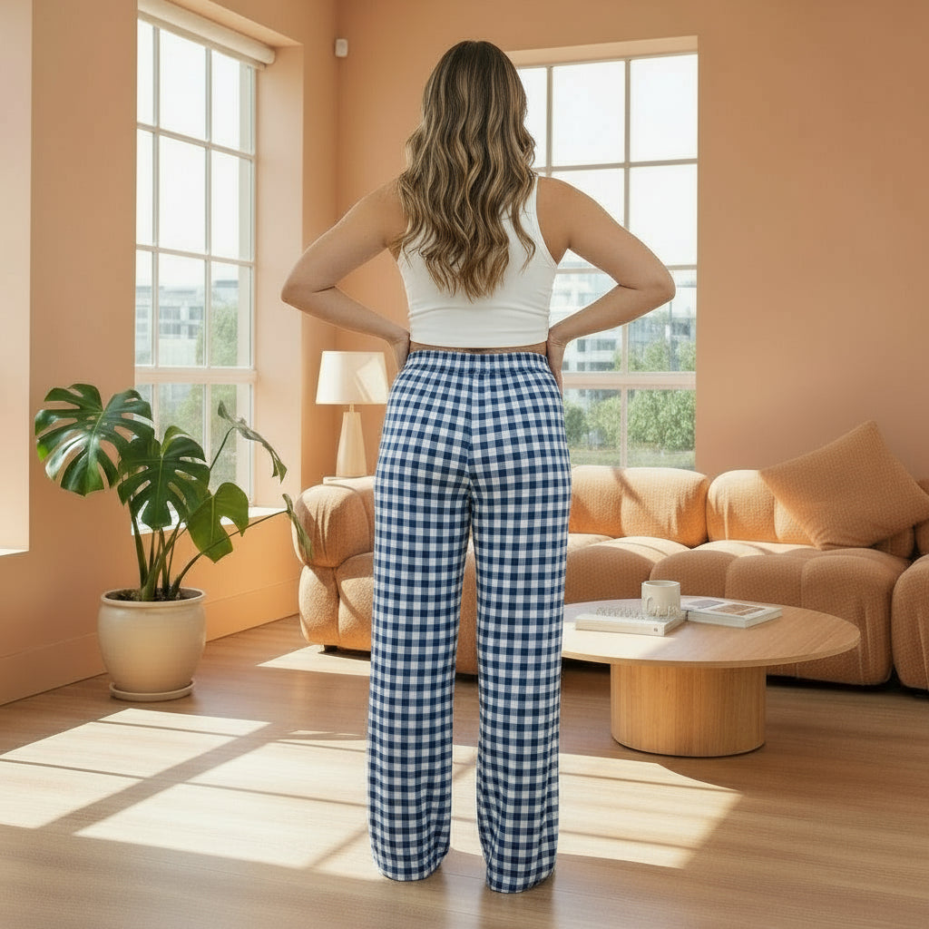 Pantalon droit à carreaux grande taille femme, taille haute