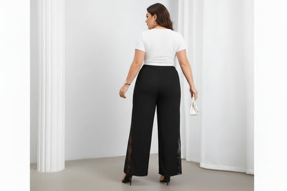 Pantalon femmes grande taille noir élégant  décontracté fendu dentelle patchwork ample taille élastique