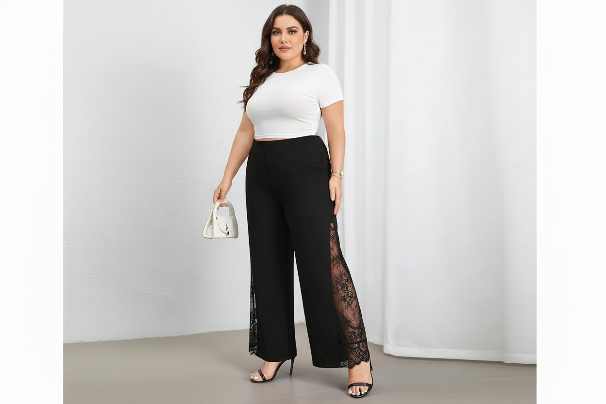 Pantalon femmes grande taille noir élégant  décontracté fendu dentelle patchwork ample taille élastique