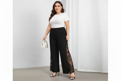 Pantalon femmes grande taille noir élégant  décontracté fendu dentelle patchwork ample taille élastique
