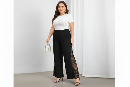 Pantalon femmes grande taille noir élégant  décontracté fendu dentelle patchwork ample taille élastique