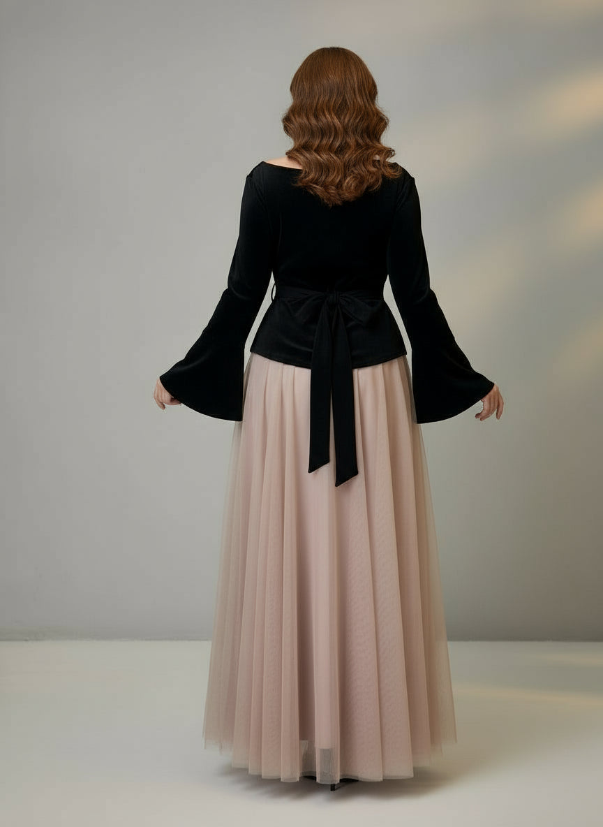 Ensemble asymétrique chic femme grande taille – Haut noir & jupe voile pêche