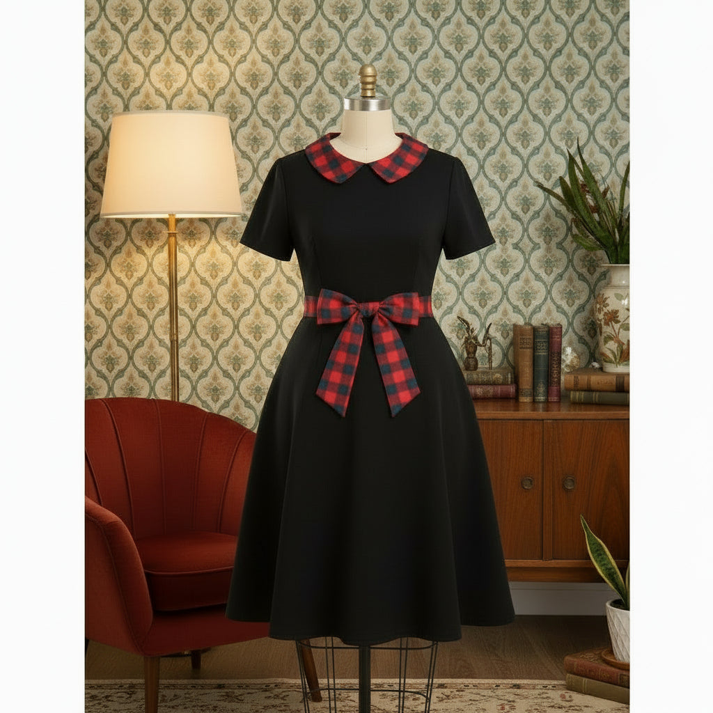 Robe vintage style Anglais noir a carreaux  rouge femme grande taille