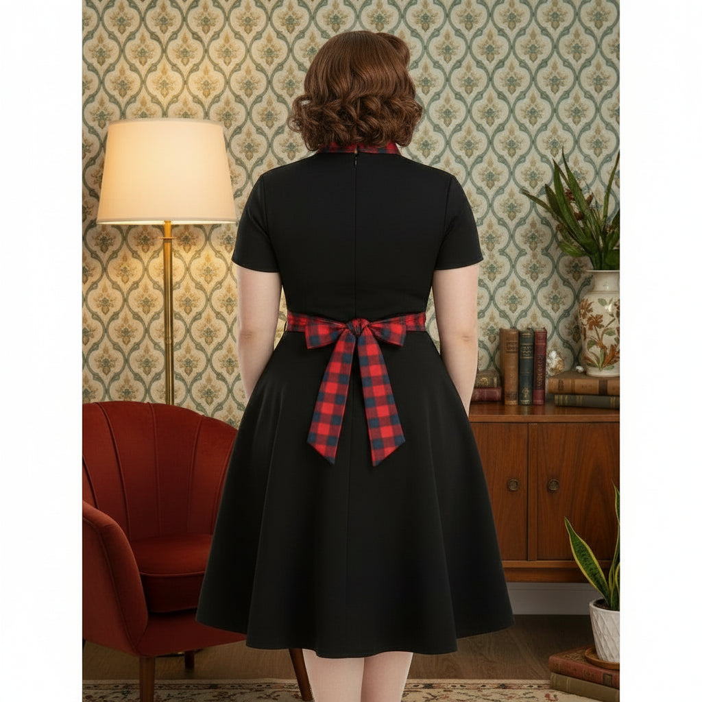 Robe vintage style Anglais noir a carreaux  rouge femme grande taille