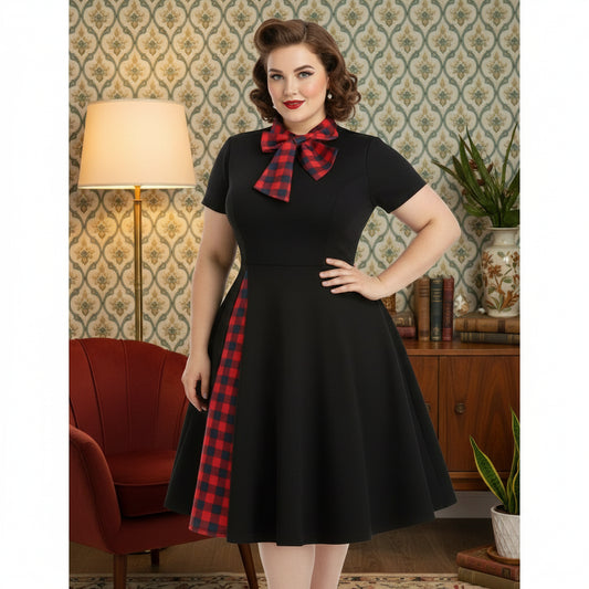 Robe vintage style Anglais noir a carreaux  rouge femme grande taille