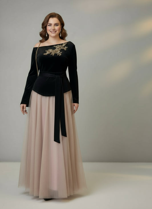 Ensemble asymétrique chic femme grande taille – Haut noir & jupe voile pêche